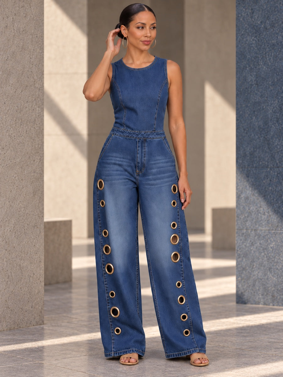 High Waisted Loose Geometric Hollow Pockets Solid Color Split-Joint Round-Neck Jumpsuits - 202423_CF_F2_v01