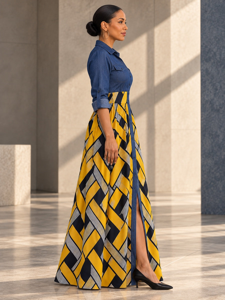 Long Sleeves Loose Buttoned Elasticity Printed Split-Joint Lapel Maxi Dresses - 127282_S1_v20261008