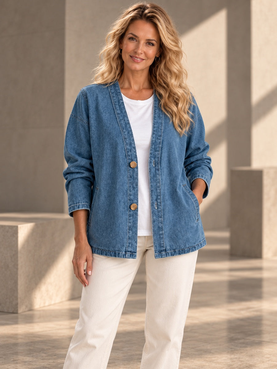 Long Sleeves Plus Size Buttoned Solid Color Collarless Denim Outerwear - 209471_UPPER_v20261008