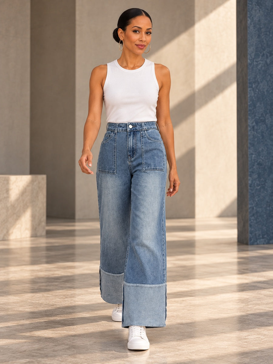 High Waisted Wide Leg Contrast Color Pockets Jean Pants Bottoms - 187827_CF_F1_v20261008
