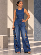 High Waisted Loose Geometric Hollow Pockets Solid Color Split-Joint Round-Neck Jumpsuits - 202423_OL_F3_v04