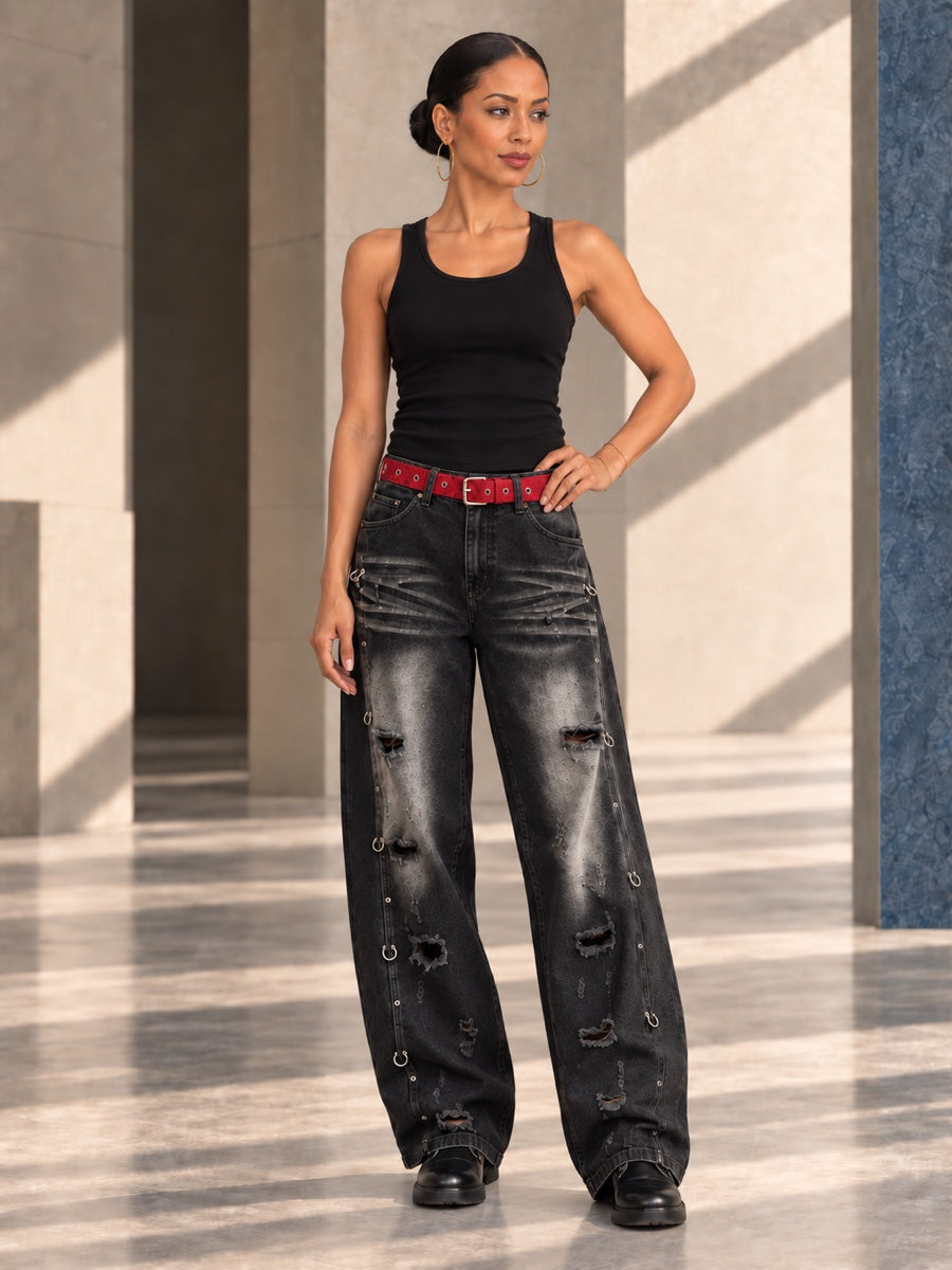 High Waisted Wide Leg Belt Buckle Hollow Pockets Printed Ripped Split-Joint Jean Pants Bottoms - 207025_OL_F3_v04