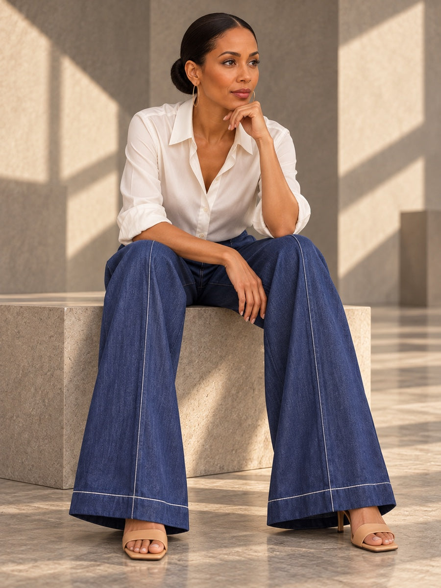 High Waisted Loose Elasticity Pockets Solid Color Jean Pants Bottoms Trousers - 182665_OL_F2_v20261008