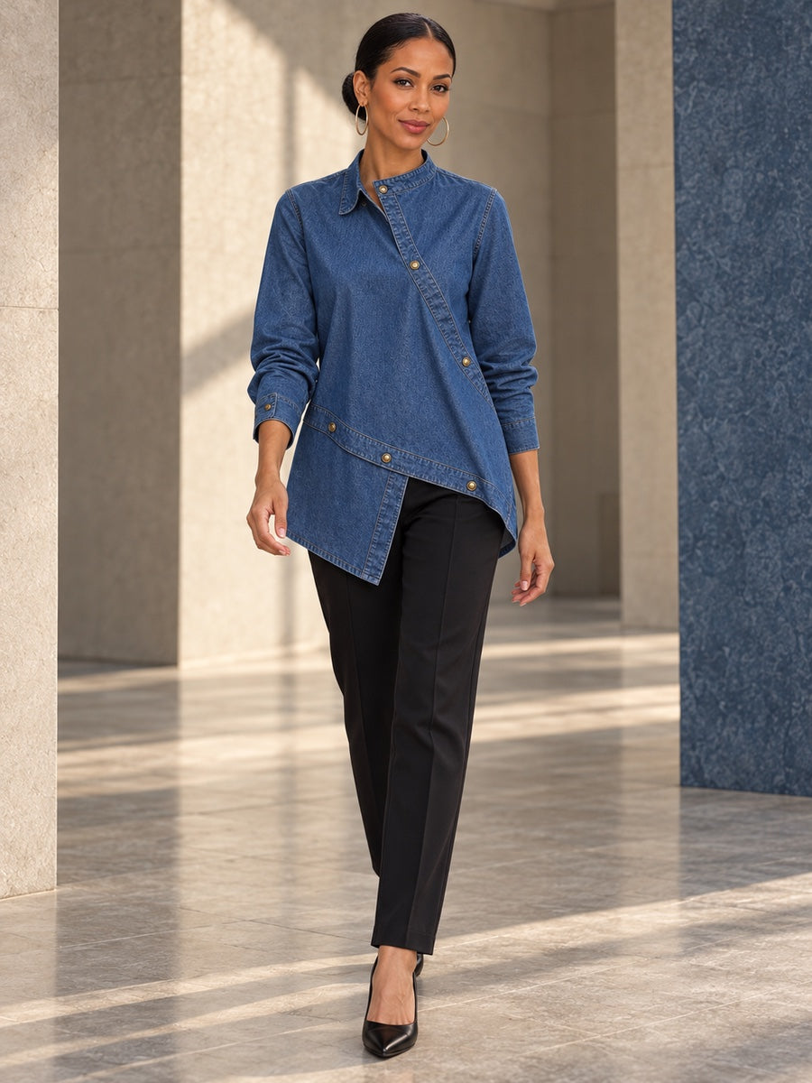 Long Sleeves Loose Asymmetric Buttoned Split-Front Stand Collar Blouses&Shirts Tops - a6b6da309334_CF_F1_v20261008