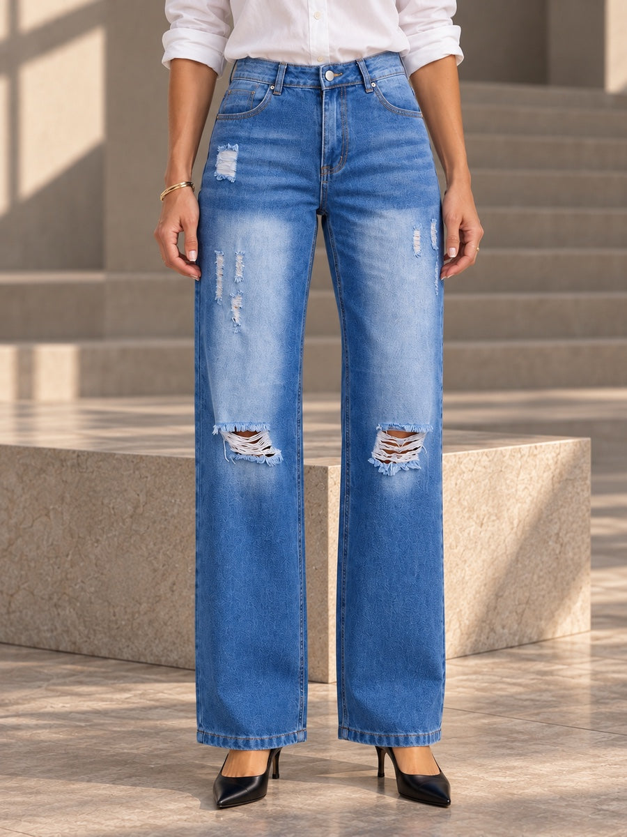 High Waisted Wide Leg Buttoned Hollow Pockets Split-Joint Jean Pants Bottoms - 207499_LOWER_v20261008
