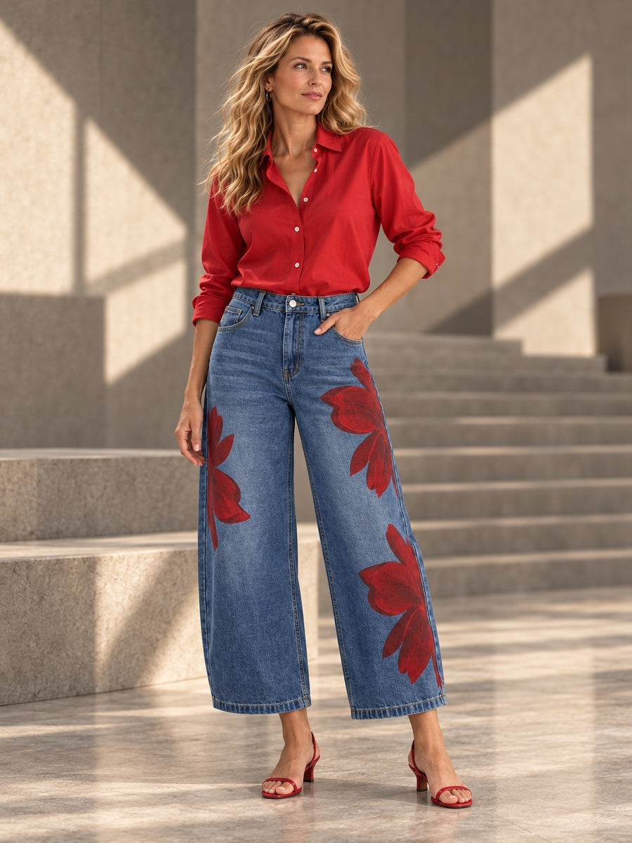 Loose Wide Leg Flower Print No Belt Pockets Jean Pants Bottoms Ninth Pants - 202790_OL_F3_v20261008