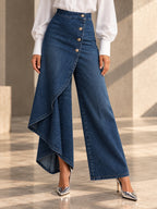 High Waisted Irregularity Buttoned Layered Pockets Solid Color Split-Joint Jean Pants Bottoms - 201901_LOWER_v20261008