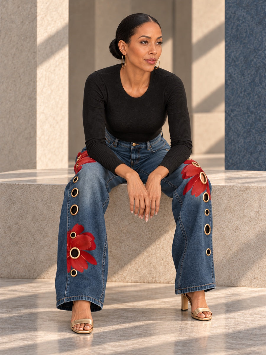 High Waisted Wide Leg Buttoned Flower Print Hollow Pockets Jean Pants Bottoms Trousers - 207136_OL_F2_v04
