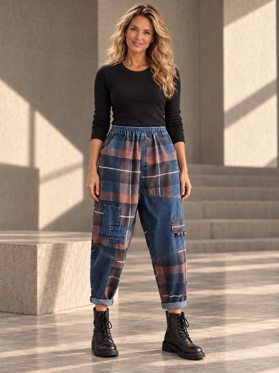 Harem Pants Loose Elasticity Plaid Jean Pants Bottoms - 100079_OL_F1_v20261008
