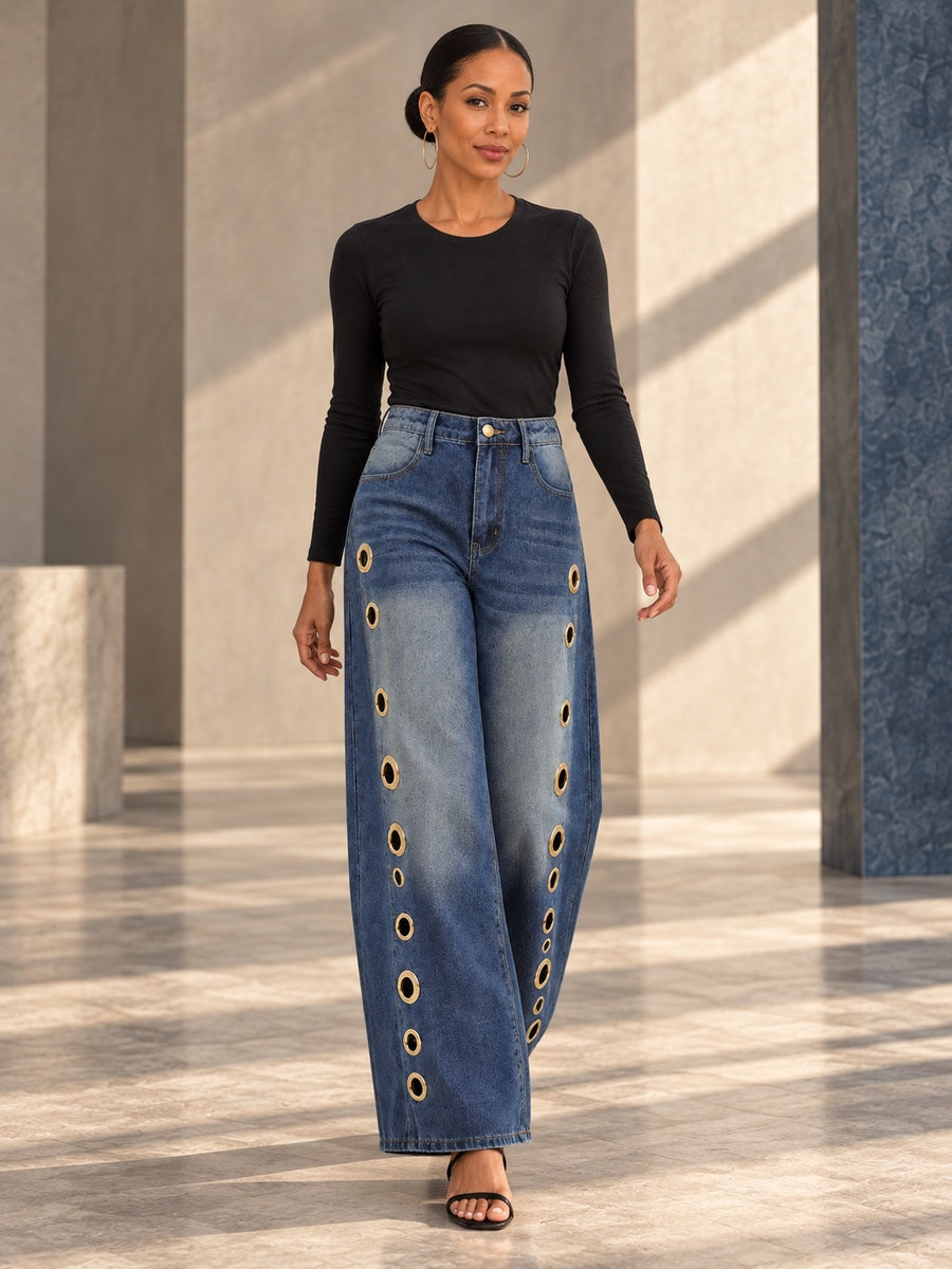 High Waisted Loose Buttoned Geometric Hollow Pockets Split-Joint Jean Pants Bottoms - 202496_CF_F1_v20261008
