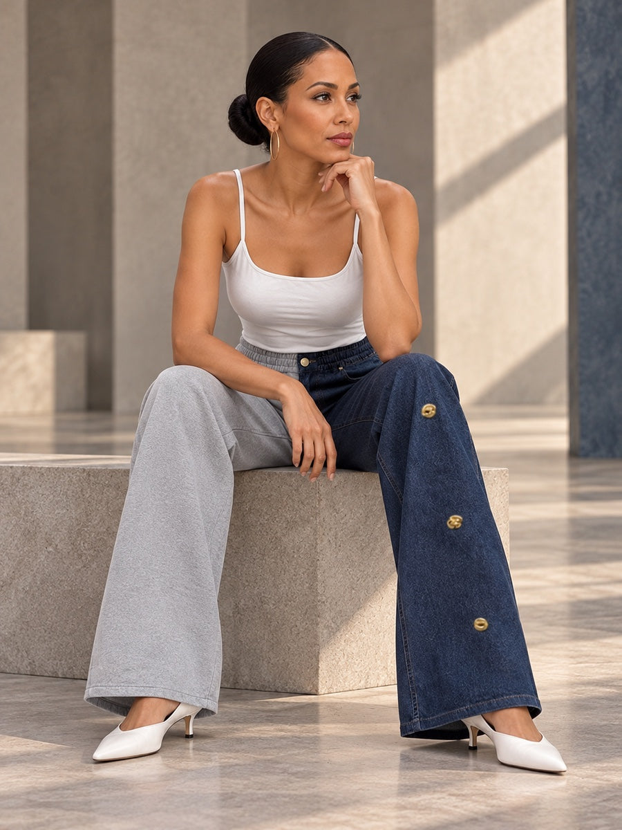 High Waisted Wide Leg Buttoned Contrast Color Elasticity Pockets Split-Joint Zipper Pants Trousers - 211497_OL_F2_v20261008