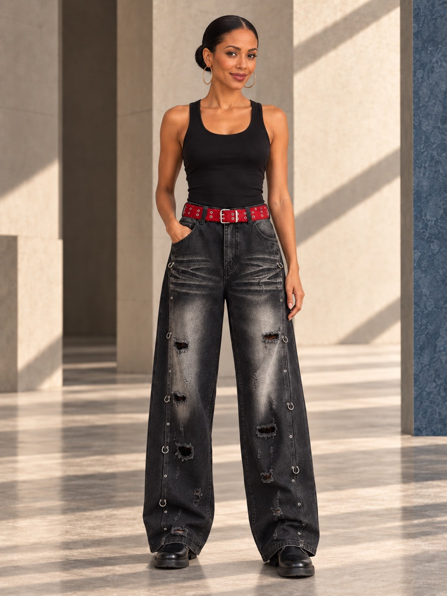 High Waisted Wide Leg Belt Buckle Hollow Pockets Printed Ripped Split-Joint Jean Pants Bottoms - 207025_CF_F1_v01