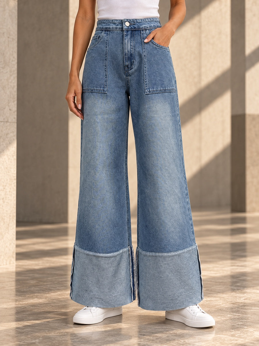 High Waisted Wide Leg Contrast Color Pockets Jean Pants Bottoms - 187827_LOWER_v20261008
