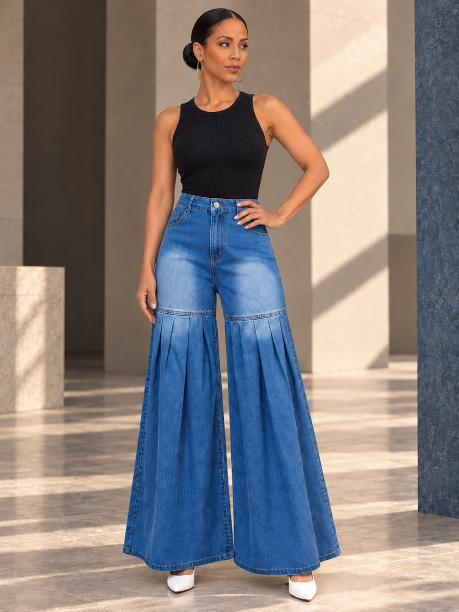 High Waisted Wide Leg Buttoned Elasticity Pleated Pockets Solid Color Split-Joint Zipper Jean Pants Bottoms Trousers - 208193_OL_F3_v04