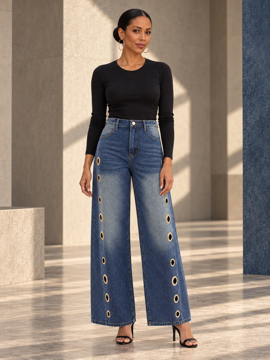 High Waisted Loose Buttoned Geometric Hollow Pockets Split-Joint Jean Pants Bottoms - 202496_OL_F1_v20261008