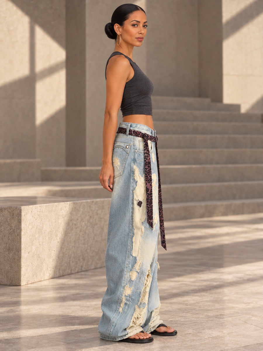 High Waisted Wide Leg Asymmetric Buttoned Contrast Color Jacquard Pockets Split-Joint Streamer Jean Pants Bottoms - 207026_S1_v01