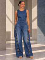 High Waisted Loose Geometric Hollow Pockets Solid Color Split-Joint Round-Neck Jumpsuits - 202423_CF_F1_v01