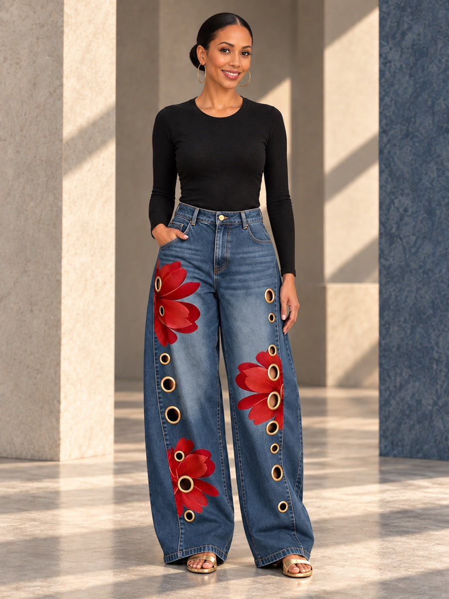High Waisted Wide Leg Buttoned Flower Print Hollow Pockets Jean Pants Bottoms Trousers - 207136_CF_F1_v01