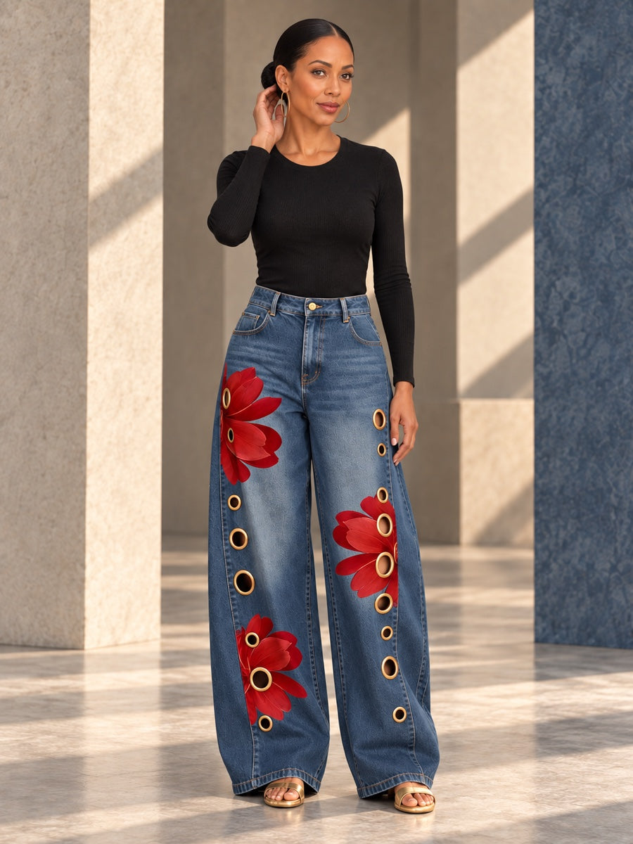 High Waisted Wide Leg Buttoned Flower Print Hollow Pockets Jean Pants Bottoms Trousers - 207136_CF_F2_v01