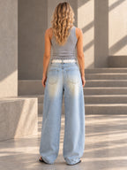 High Waisted Wide Leg Belt Buckle Hollow Pockets Solid Color Split-Joint Jean Pants Bottoms - 207069_B1_v01