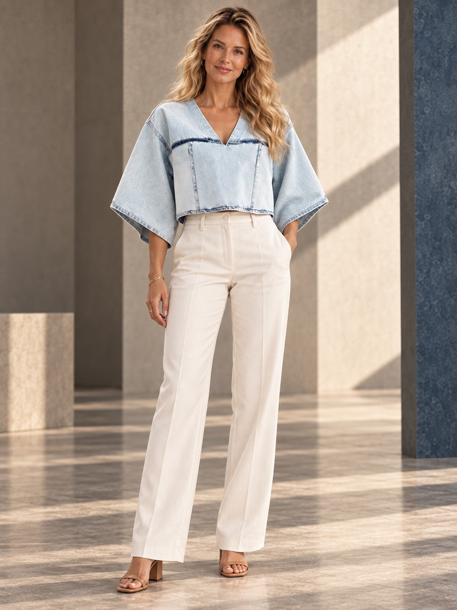 Batwing Sleeves Half Sleeves Contrast Color Split-Joint V-Neck Blouses&Shirts Tops - 202709_OL_F1_v20261008