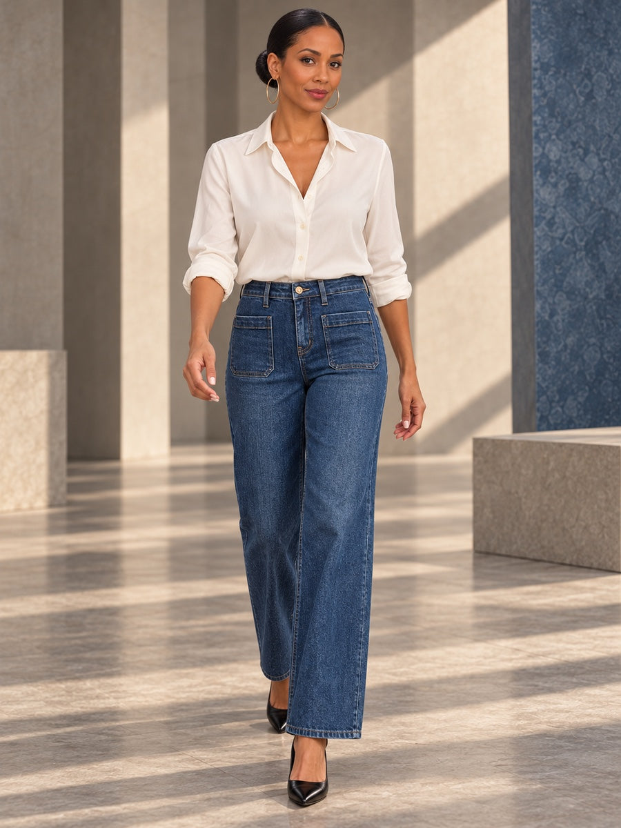 High Waisted Wide Leg Belt Buckle Split-Joint Jean Pants Bottoms - 178153_CF_F1_v20261008