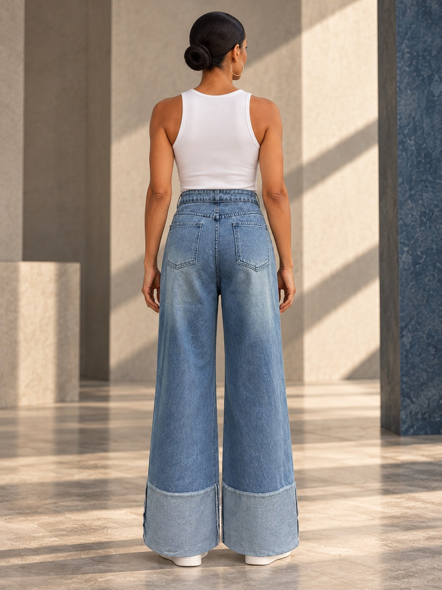 High Waisted Wide Leg Contrast Color Pockets Jean Pants Bottoms - 187827_B1_v20261008