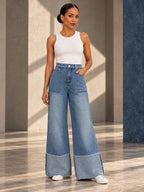High Waisted Wide Leg Contrast Color Pockets Jean Pants Bottoms - 187827_OL_F1_v20261008