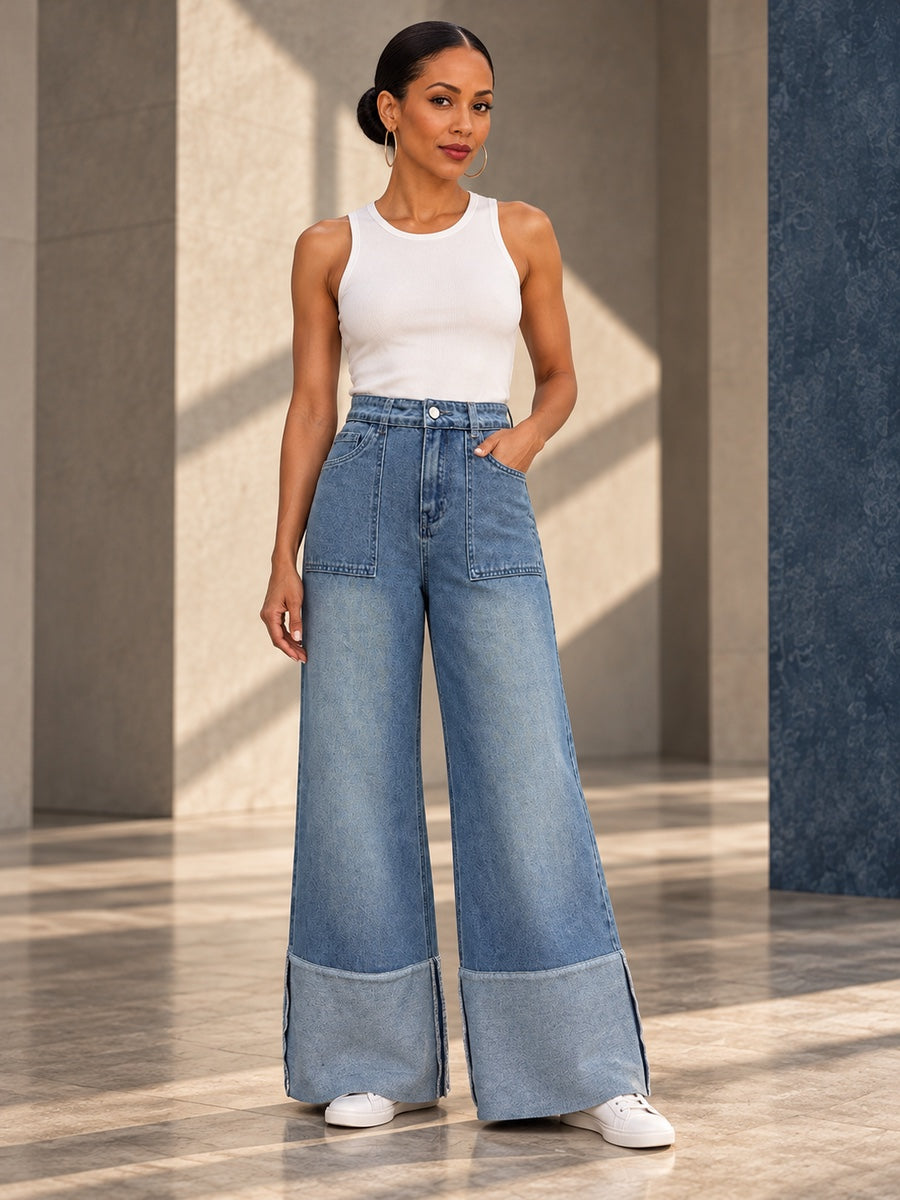 High Waisted Wide Leg Contrast Color Pockets Jean Pants Bottoms - 187827_OL_F1_v20261008