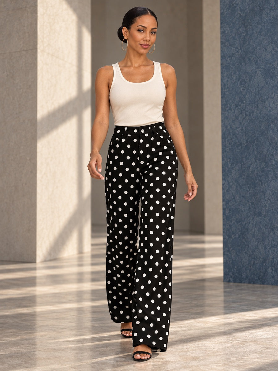High Waisted Wide Leg Buttoned Contrast Color No Belt Polka Dot Zipper Pants Trousers - 207505_CF_F1_v20261008