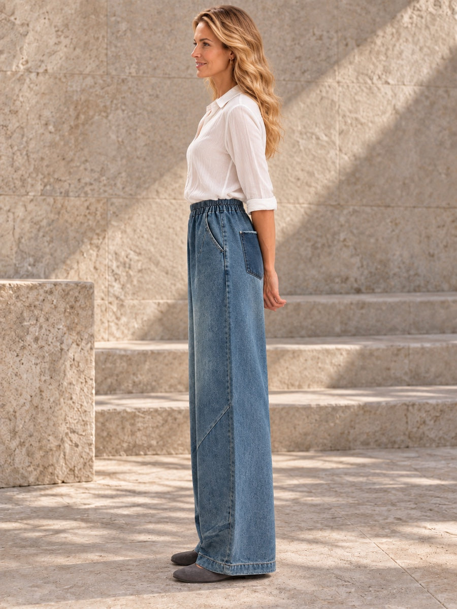 Loose Wide Leg Contrast Color Elasticity Pockets Jean Pants Bottoms - 152980_S1_v01