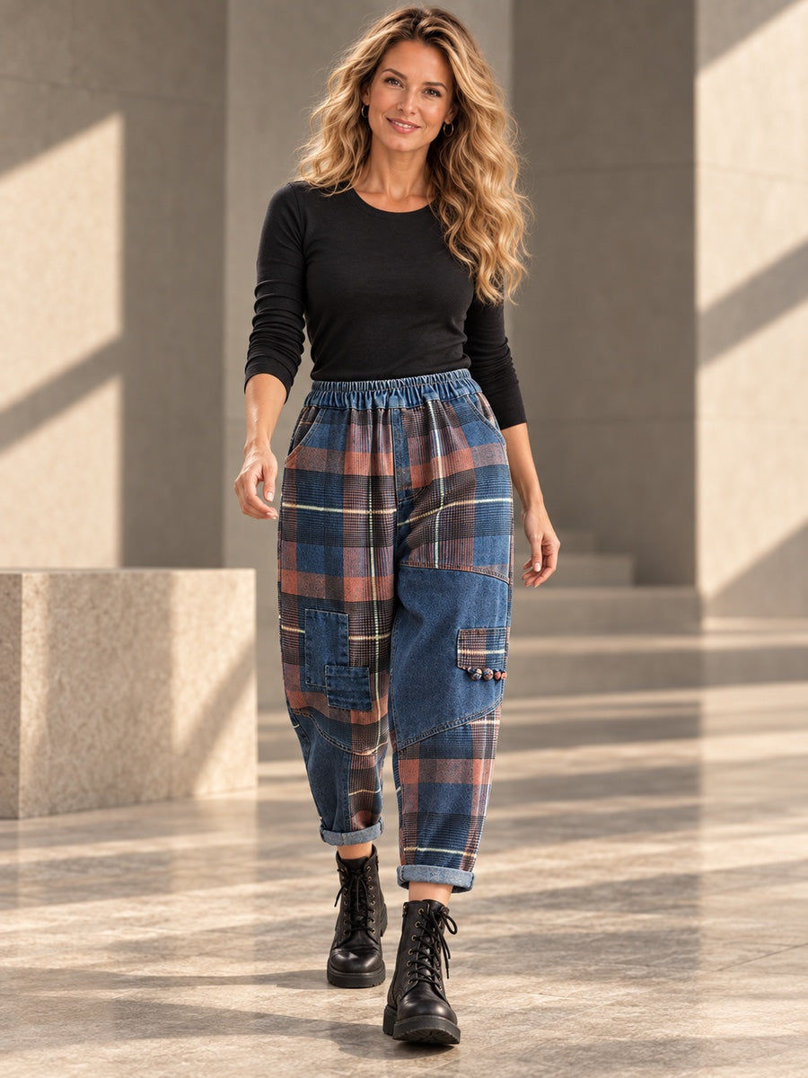 Harem Pants Loose Elasticity Plaid Jean Pants Bottoms - 100079_CF_F1_v20261008