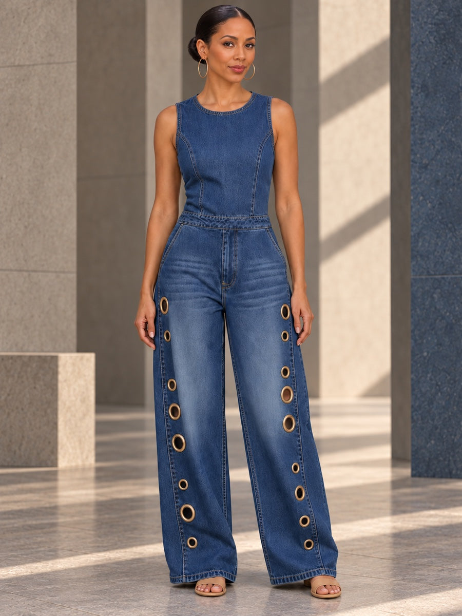 High Waisted Loose Geometric Hollow Pockets Solid Color Split-Joint Round-Neck Jumpsuits - 202423_OL_F1_v01
