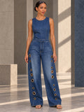 High Waisted Loose Geometric Hollow Pockets Solid Color Split-Joint Round-Neck Jumpsuits - 202423_OL_F1_v01