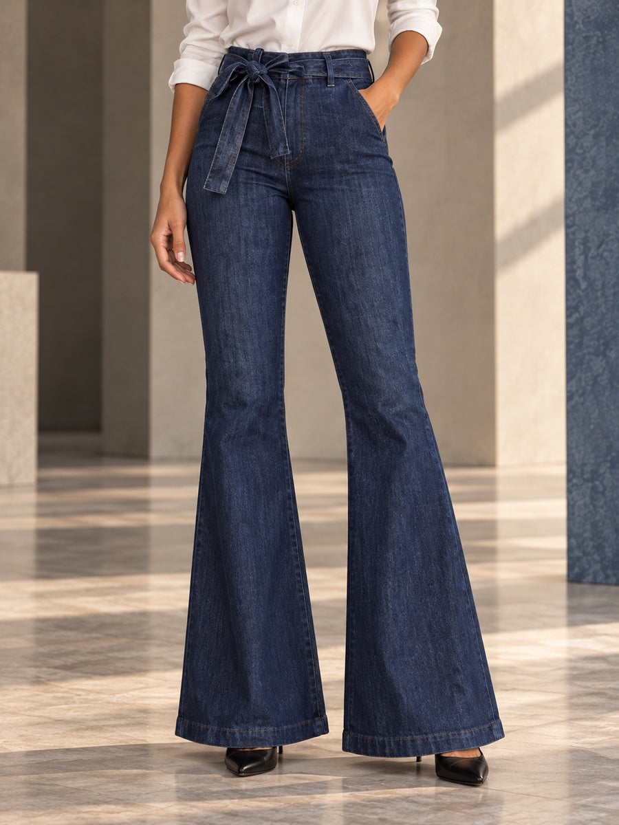 Flared Pants High Waisted Solid Color Tied Waist Jean Pants Bottoms - 154536_LOWER_v20261008