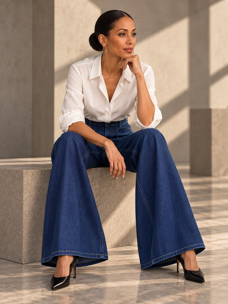 High Waisted Loose Elasticity Pockets Solid Color Zipper Jean Pants Bottoms - 193619_OL_F2_v20261008