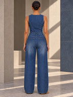 High Waisted Loose Geometric Hollow Pockets Solid Color Split-Joint Round-Neck Jumpsuits - 202423_B1_v01