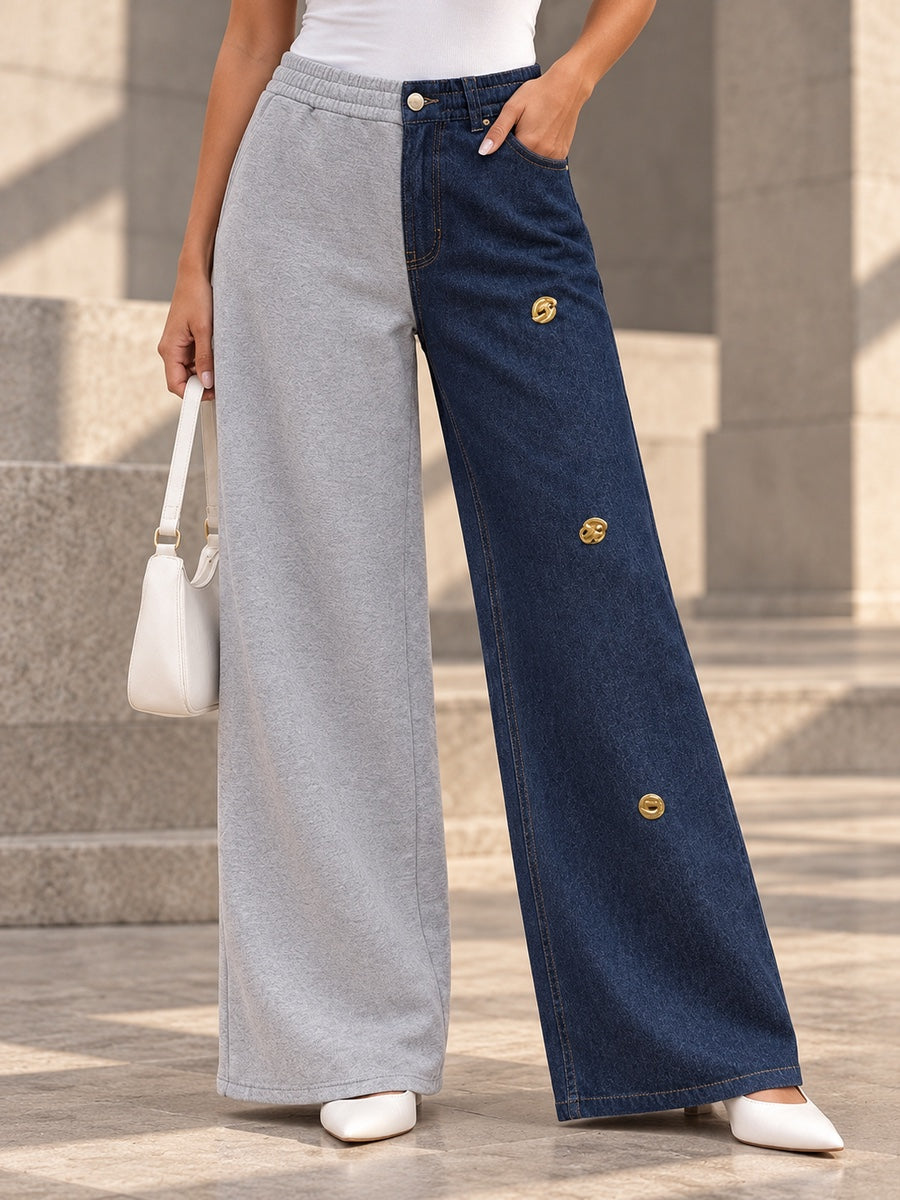High Waisted Wide Leg Buttoned Contrast Color Elasticity Pockets Split-Joint Zipper Pants Trousers - 211497_LOWER_v20261008