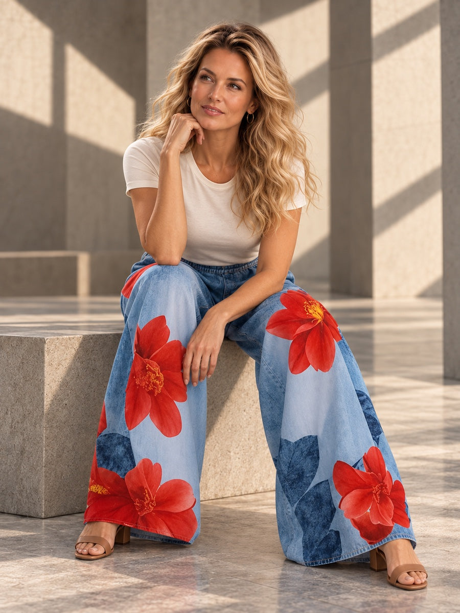 Loose Wide Leg Flower Print Jean Pants Bottoms Trousers - 179536_OL_F2_v20261008