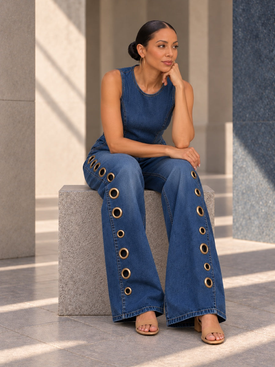 High Waisted Loose Geometric Hollow Pockets Solid Color Split-Joint Round-Neck Jumpsuits - 202423_CF_F3_v01