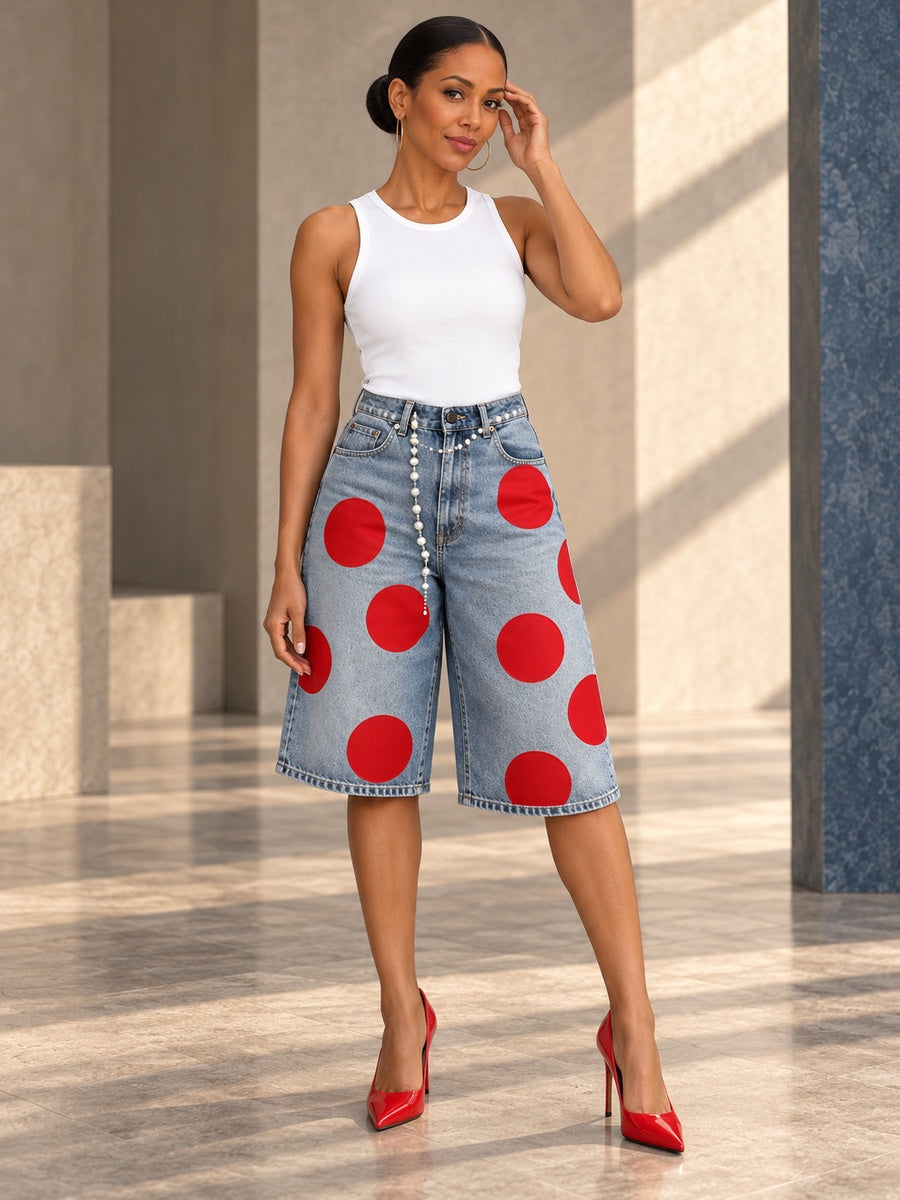 High Waisted Loose Pockets Polka-Dot Denim Shorts - 202843_CF_F2_v20261008