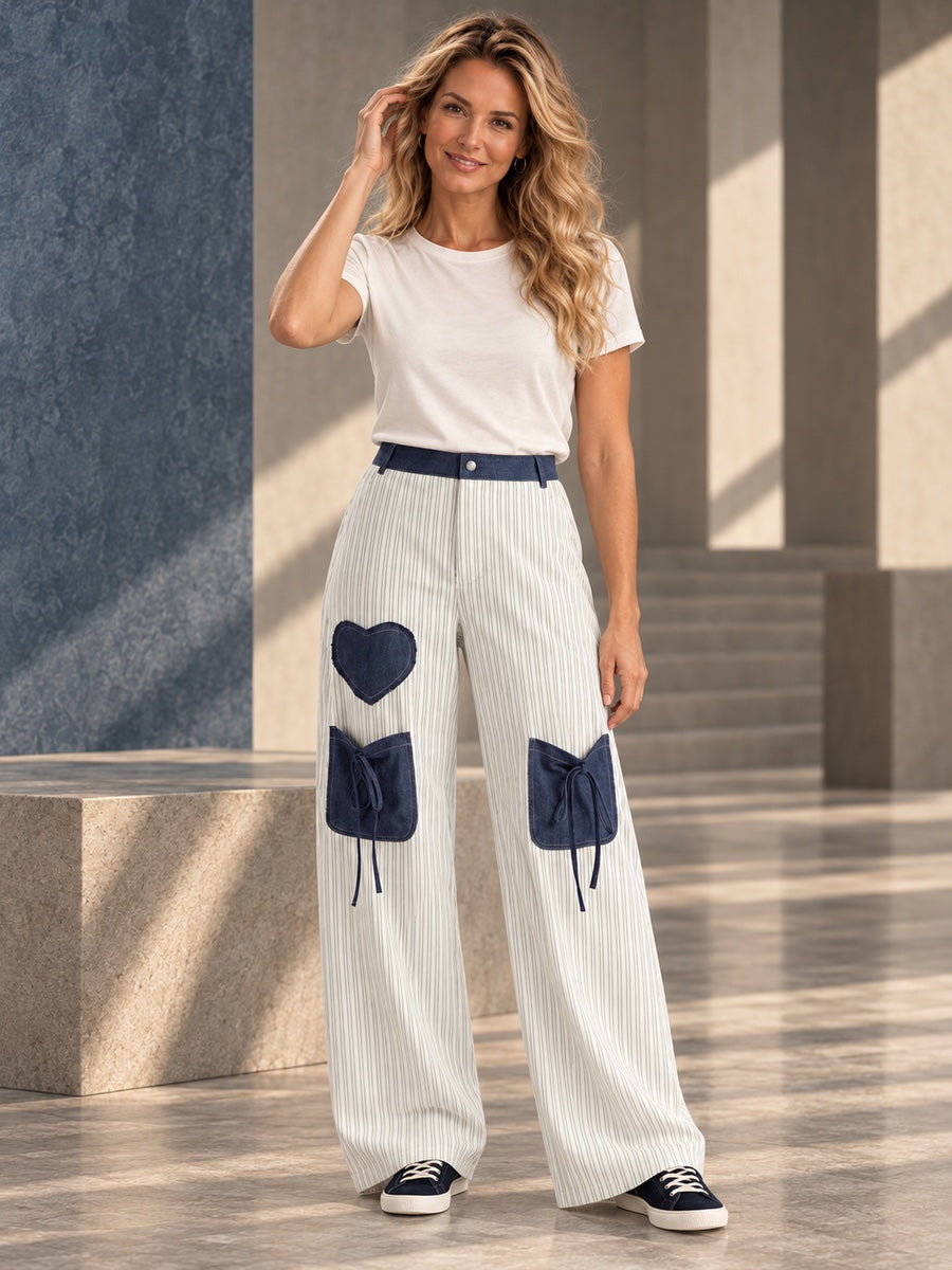High Waisted Loose Buttoned Contrast Color Pockets Split-Joint Striped Tied Pants Trousers - 205651_CF_F2_v20261008