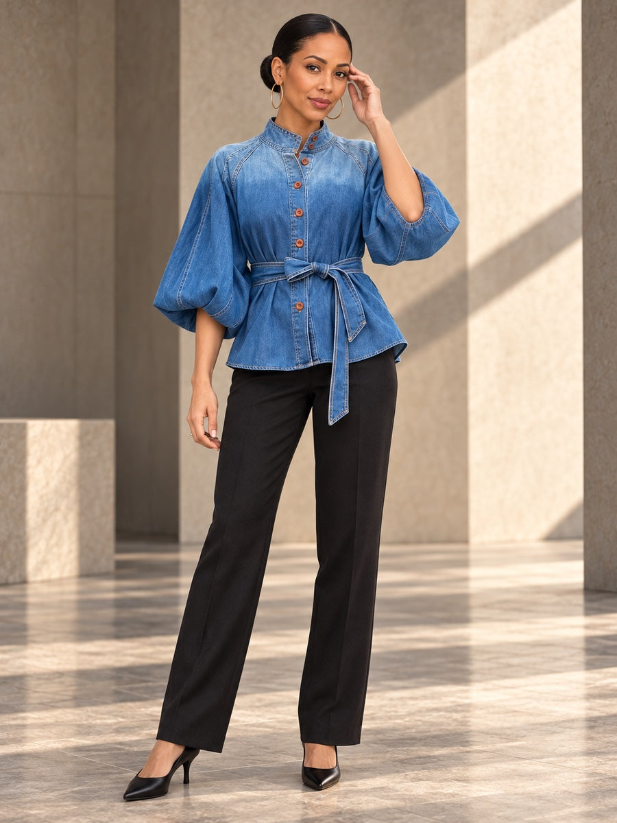 Half Sleeves Puff Sleeves Buttoned Gradient Tied Waist Stand Collar Blouses&Shirts Tops - 180632_CF_F2_v20261008