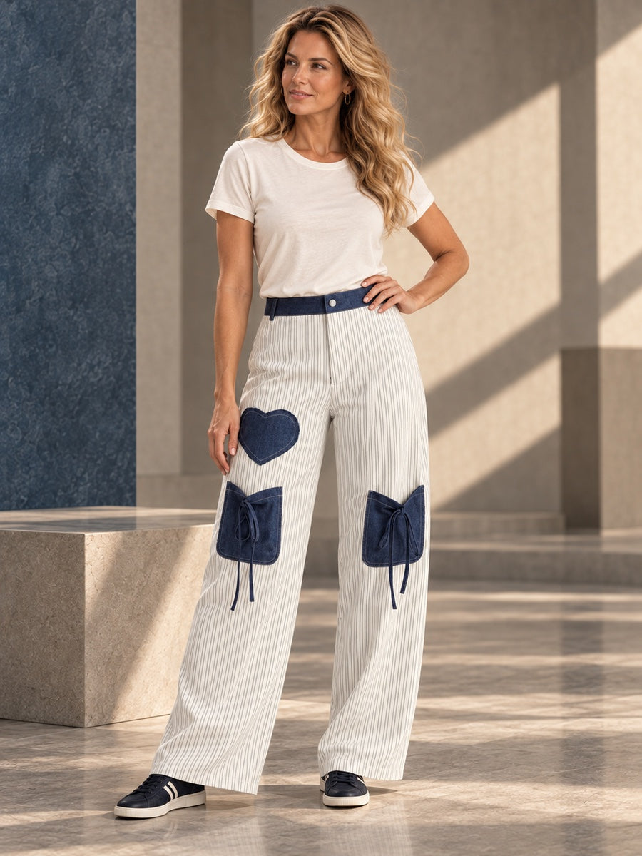 High Waisted Loose Buttoned Contrast Color Pockets Split-Joint Striped Tied Pants Trousers - 205651_OL_F3_v20261008