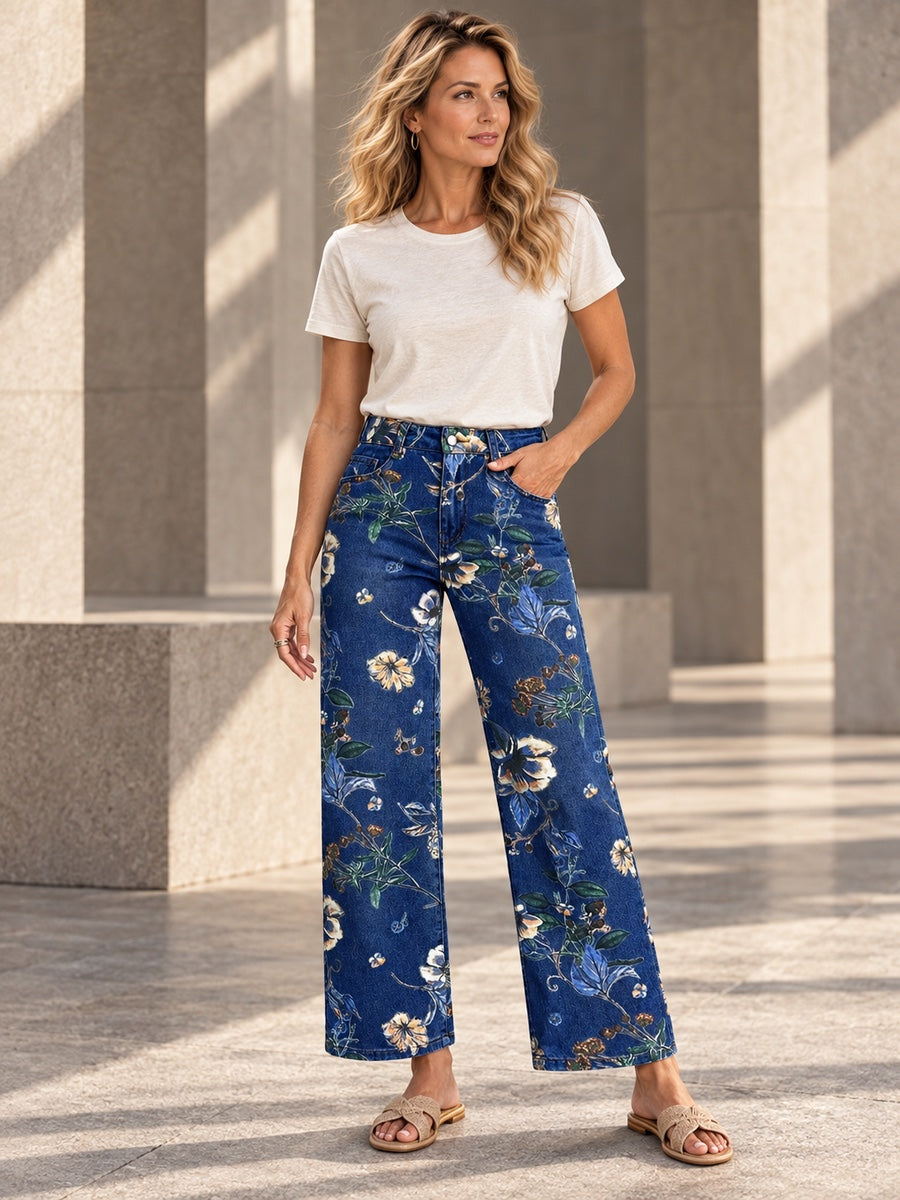 High Waisted Contrast Color Flower Print Pockets Jean Pants Bottoms Trousers - 209466_OL_F3_v20261008