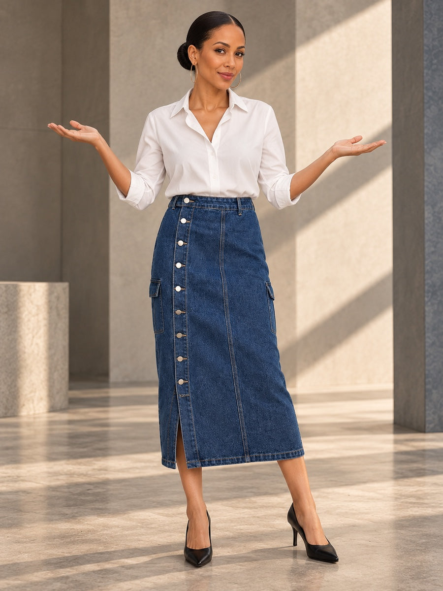 Loose Buttoned Pockets Split-front Long Skirts Skirts Bottoms - 140934_CF_F3_v20261008