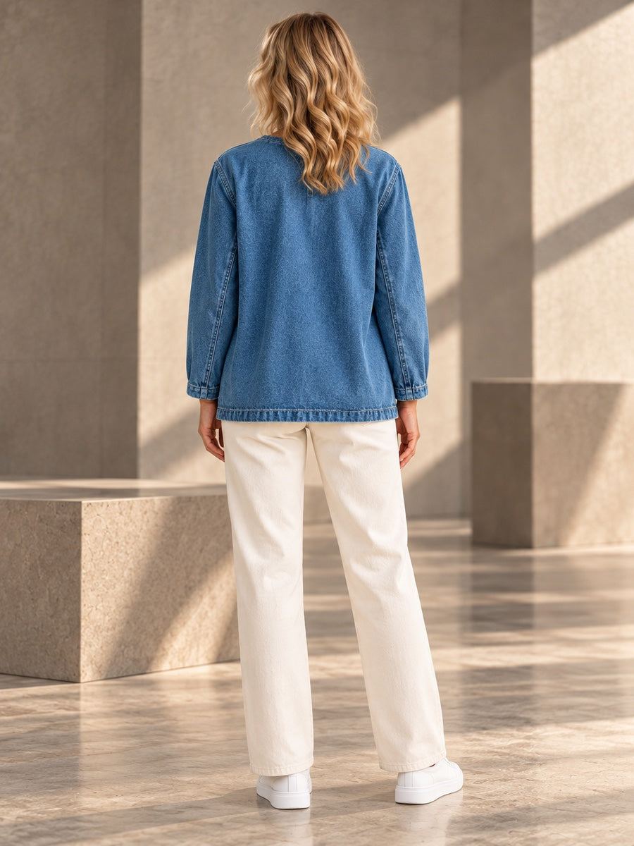 Long Sleeves Plus Size Buttoned Solid Color Collarless Denim Outerwear - 209471_B1_v20261008
