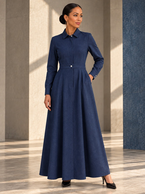 A-line High Waisted Buttoned Pockets Solid Color Split-Joint Lapel Maxi Dresses - 208484_OL_F1_v20261008