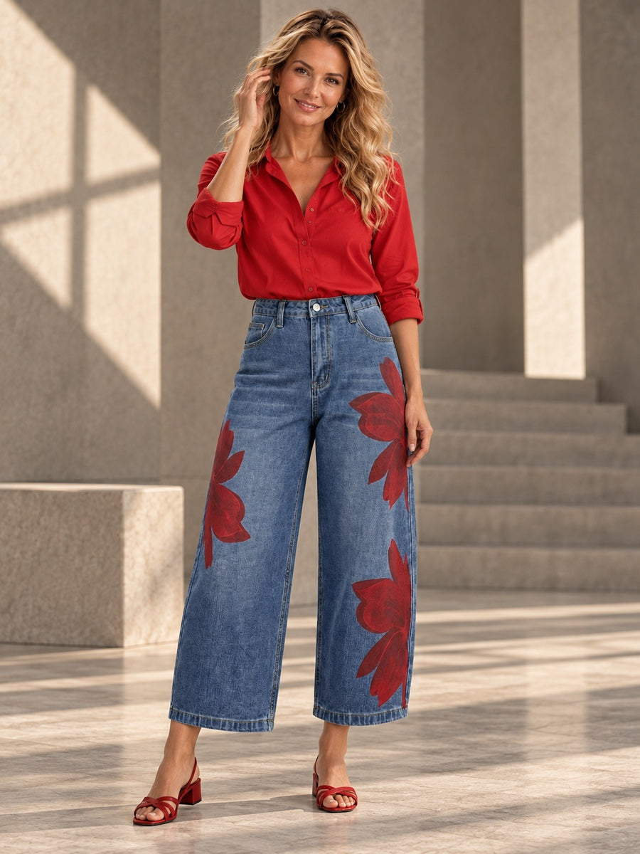 Loose Wide Leg Flower Print No Belt Pockets Jean Pants Bottoms Ninth Pants - 202790_CF_F2_v20261008