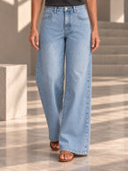 High Waisted Pockets Solid Color Jean Pants Bottoms Trousers - 209467_下半身_v04